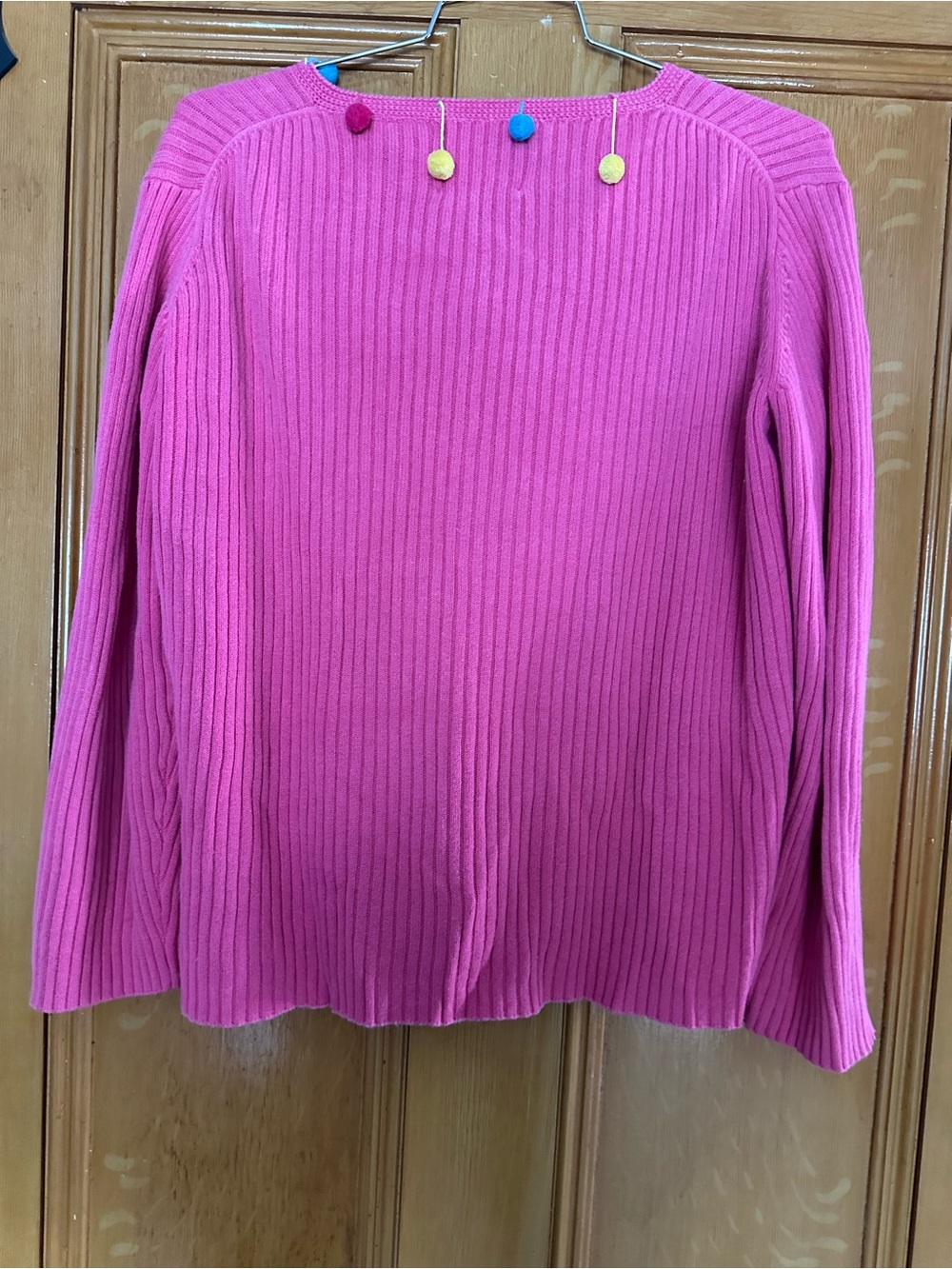 2001 Michael Simon Hot Pink Ribbed Cardigan Multicolor Pom Pom Accents X-Large - Picture 2 of 4